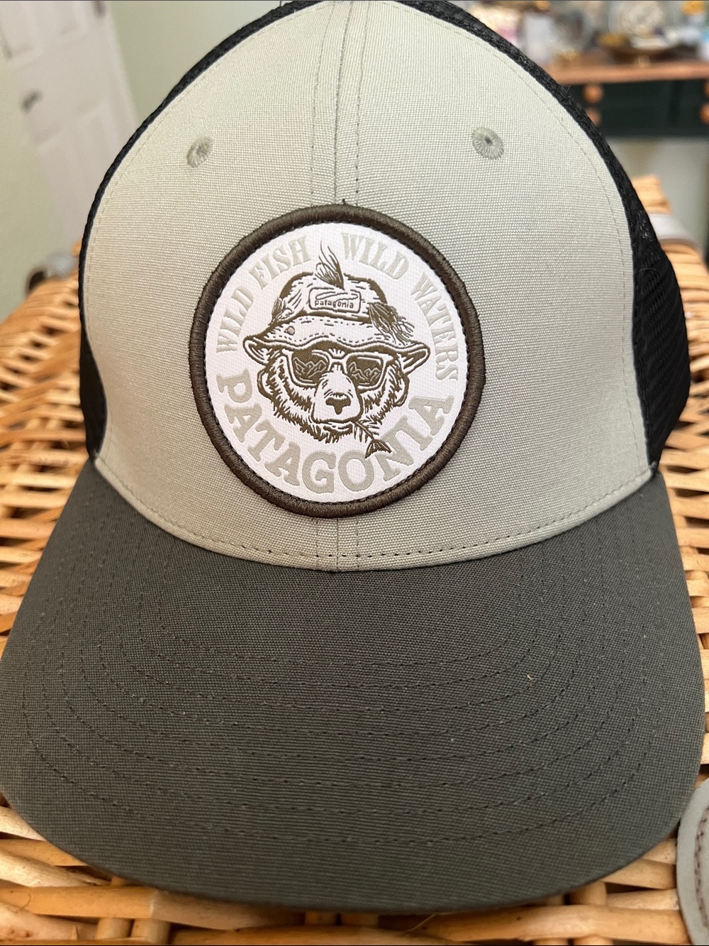 Patagonia Two-Tone Trucker Hat in Olive and Cream with Bear Patch